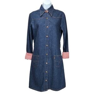Levi’s Vintage 70’s Orange Tab Denim Gingham Long Sleeve Snap‎ Button Mini Dress